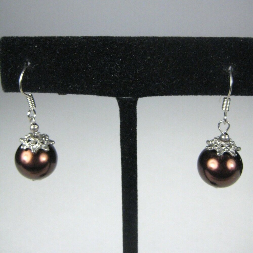 Earring Pierced 1.1 in Jewelry Beaded  Dangle Wire Hook Brown Silvetone